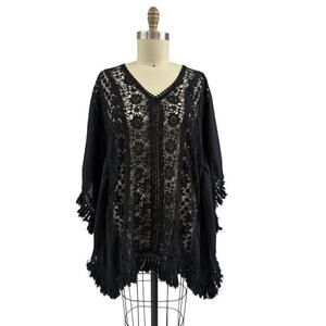 VTG Giocam Black Cotton Lace Poncho OS Swim Cover Up  Fringe